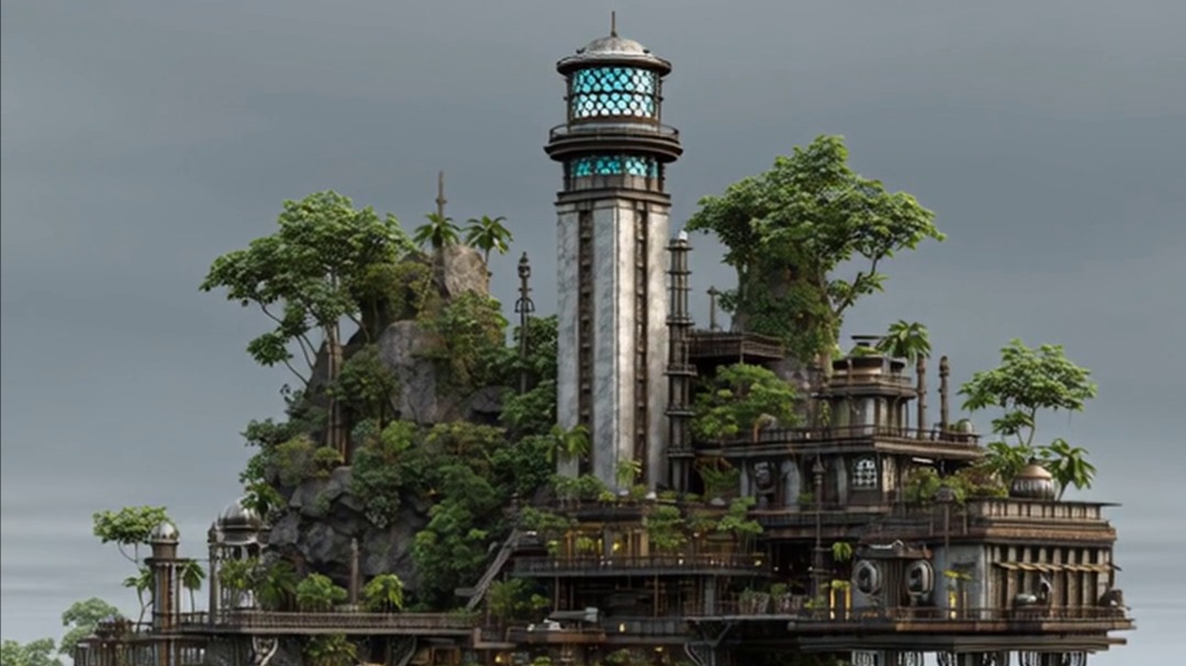 The lighthouse spire of Ironclaw rising over the island superstructure