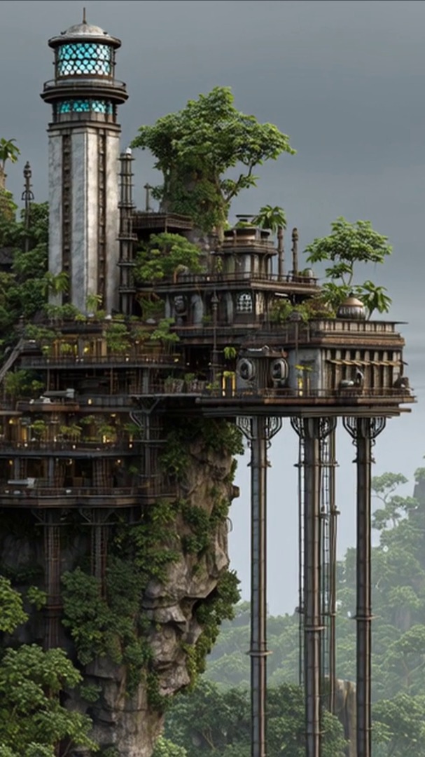 Ironclaw suspended above the western marshes with its beacon lighthouse before its collapse